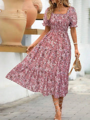 Floral Print Puff Sleeve Tiered Midi Dress