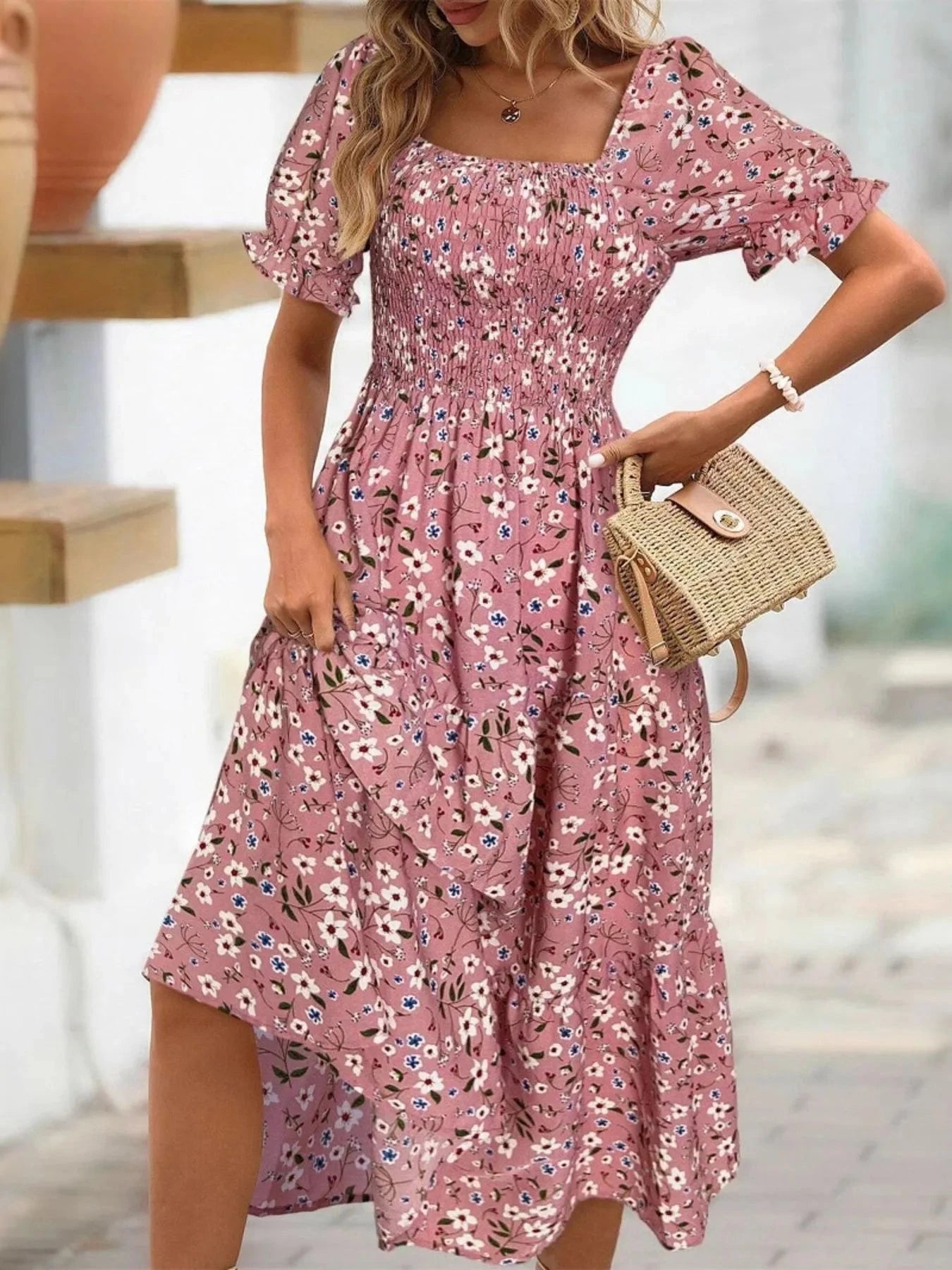 Floral Print Puff Sleeve Tiered Midi Dress