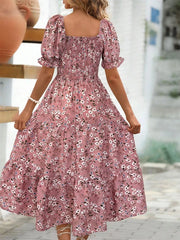 Floral Print Puff Sleeve Tiered Midi Dress