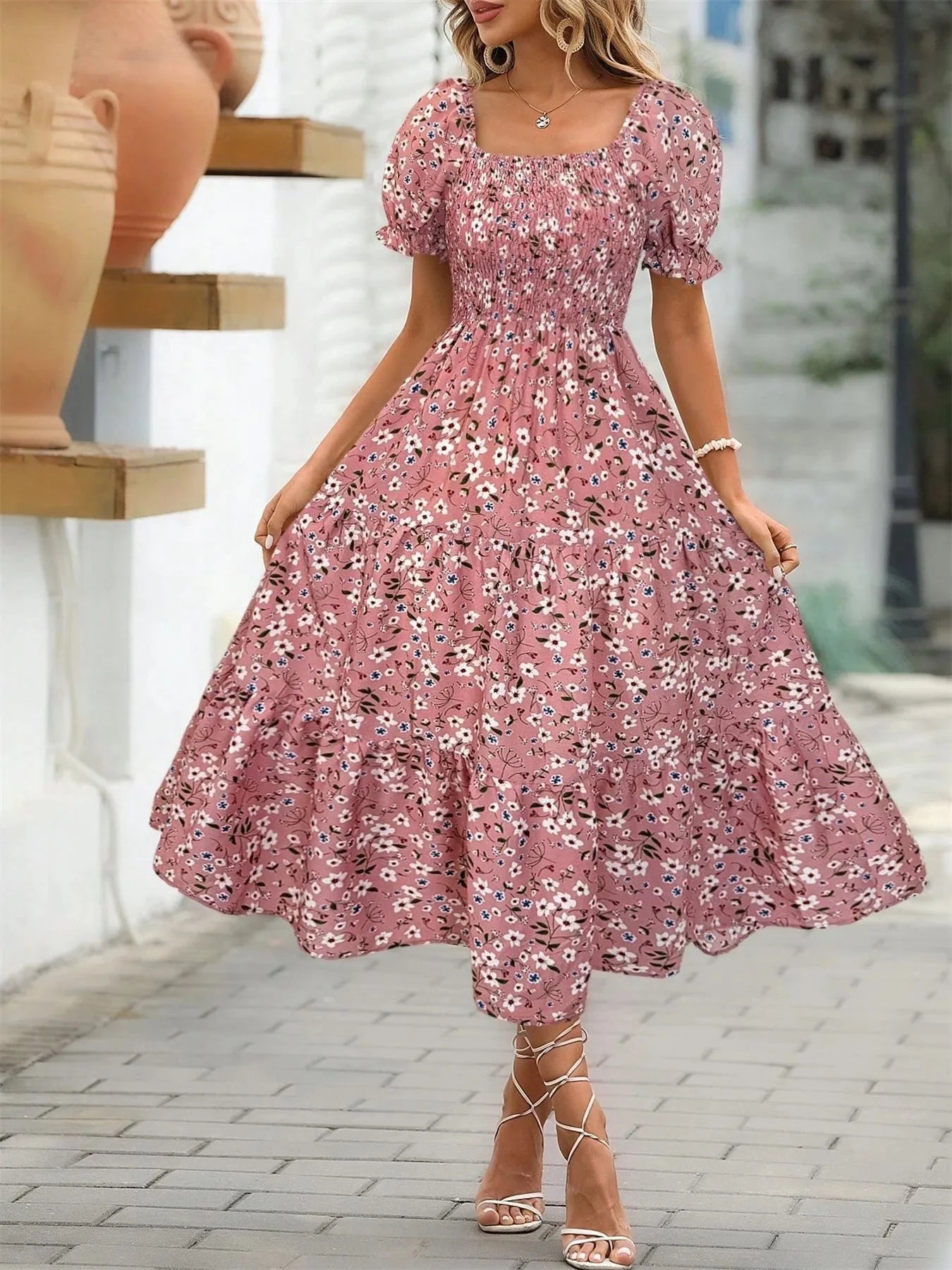 Floral Print Puff Sleeve Tiered Midi Dress