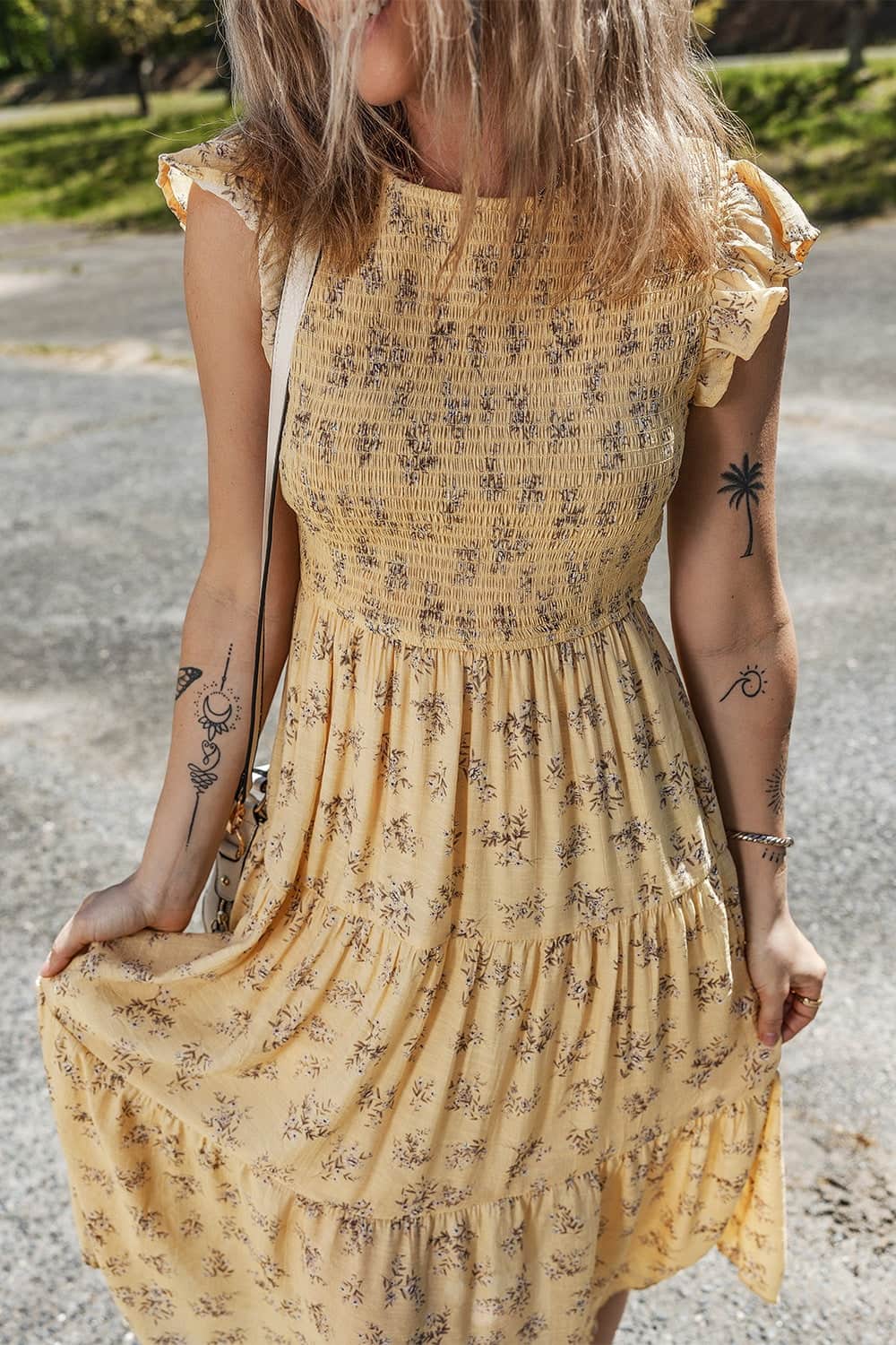 Floral Print Ruffle Cap Sleeve Smocked Flowy Dress