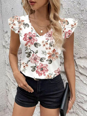 Floral Print Ruffle Sleeve V-Neck Blouse