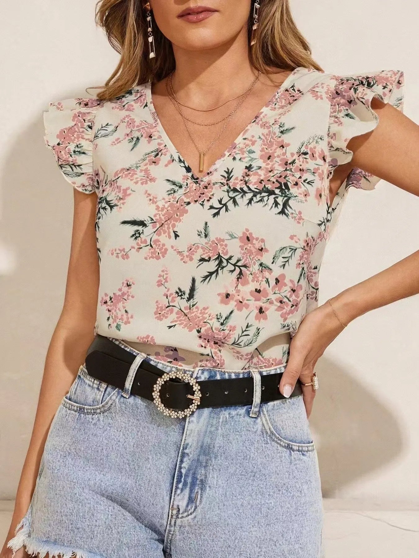 Floral Print Ruffle Sleeve V-Neck Blouse