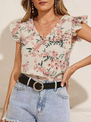 Floral Print Ruffle Sleeve V-Neck Blouse