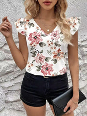 Floral Print Ruffle Sleeve V-Neck Blouse