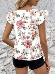 Floral Print Ruffle Sleeve V-Neck Blouse