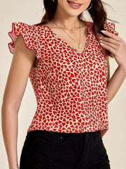 Floral Print Ruffle Sleeve V-Neck Blouse Red / S