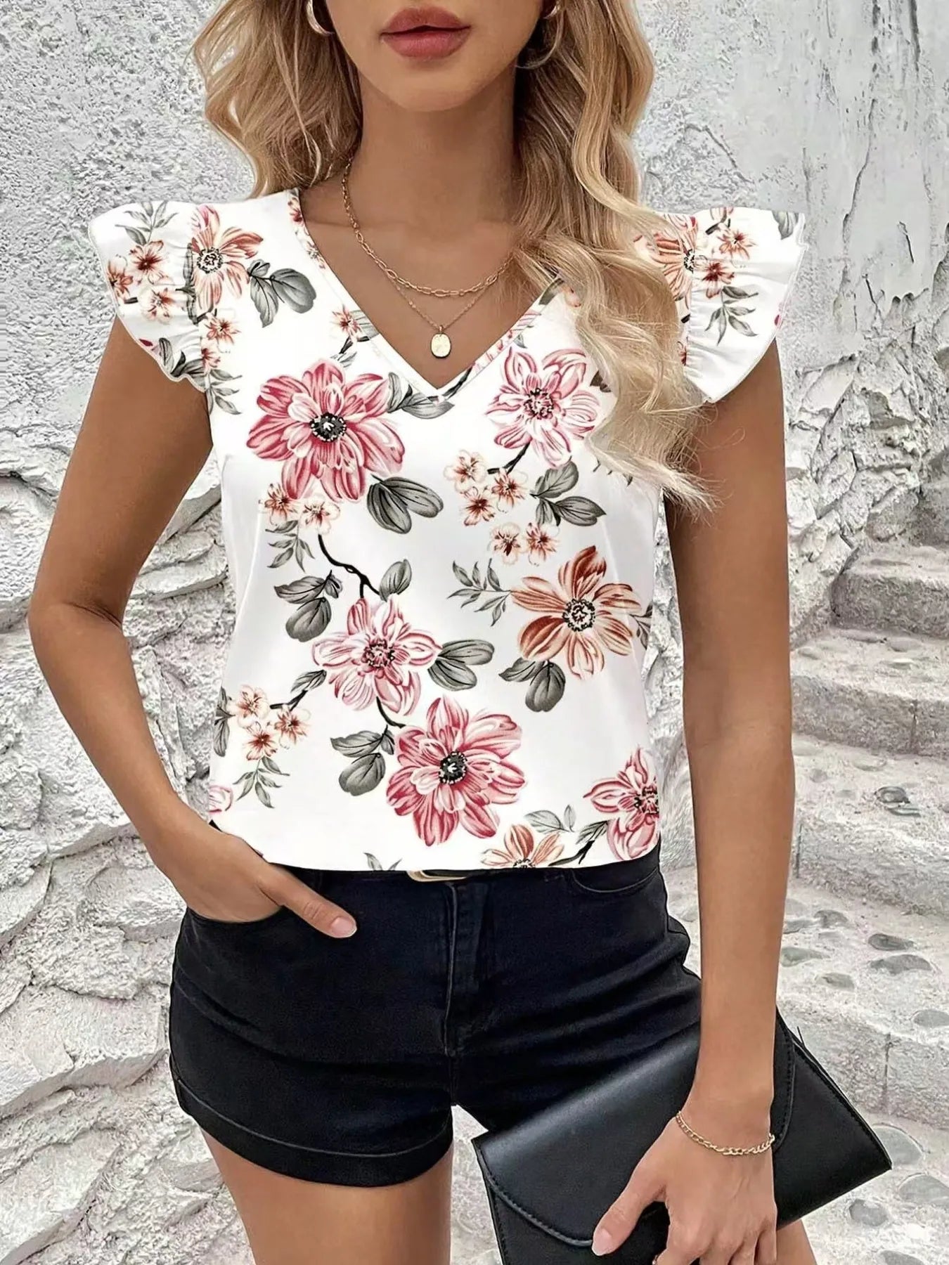 Floral Print Ruffle Sleeve V-Neck Blouse White / S