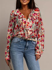 Floral Print Ruffle V-Neck Long Sleeve Blouse