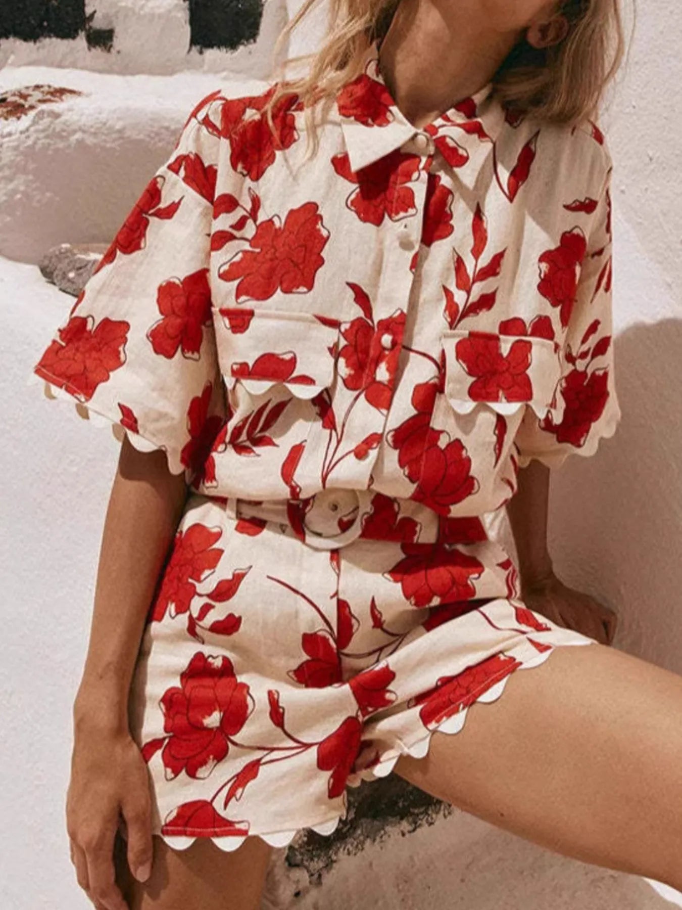 Floral Print Scalloped Edge Top and Shorts Set