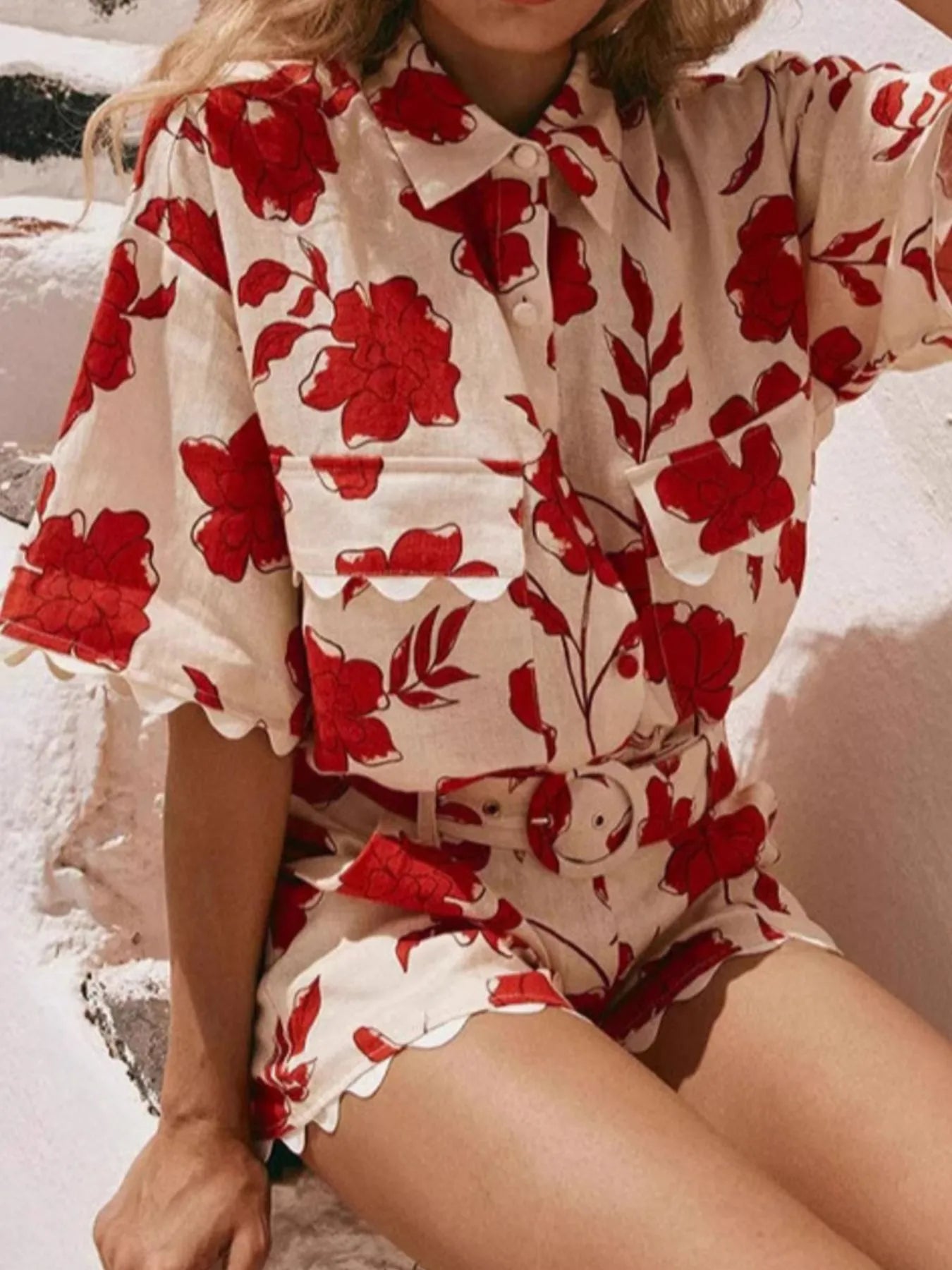 Floral Print Scalloped Edge Top and Shorts Set