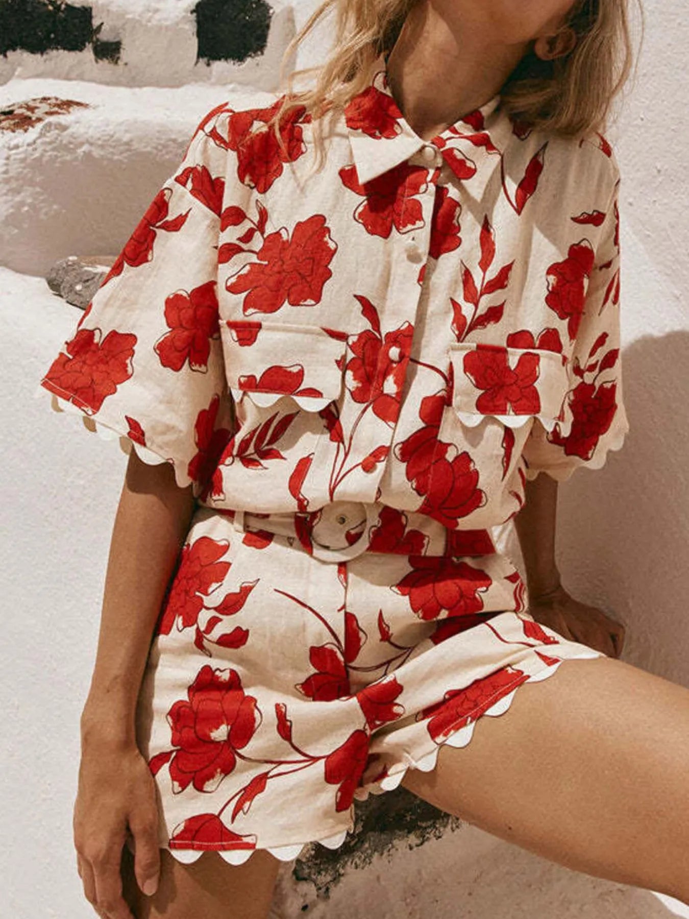 Floral Print Scalloped Edge Top and Shorts Set