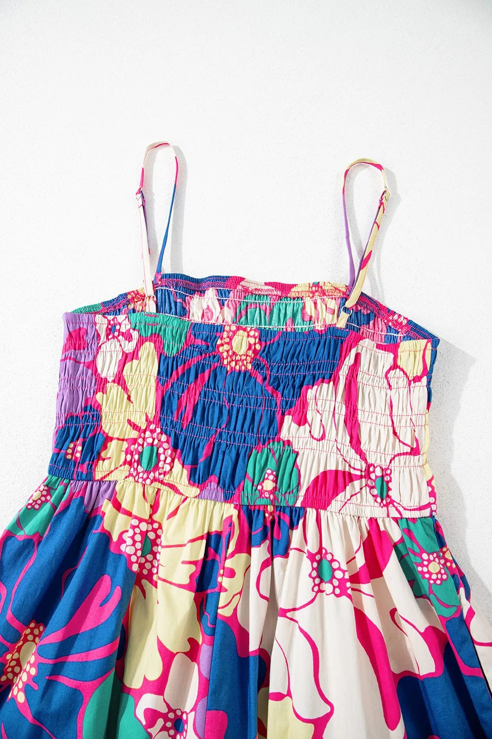 Floral Print Shirred Spaghetti Strap Loose Maxi Dress