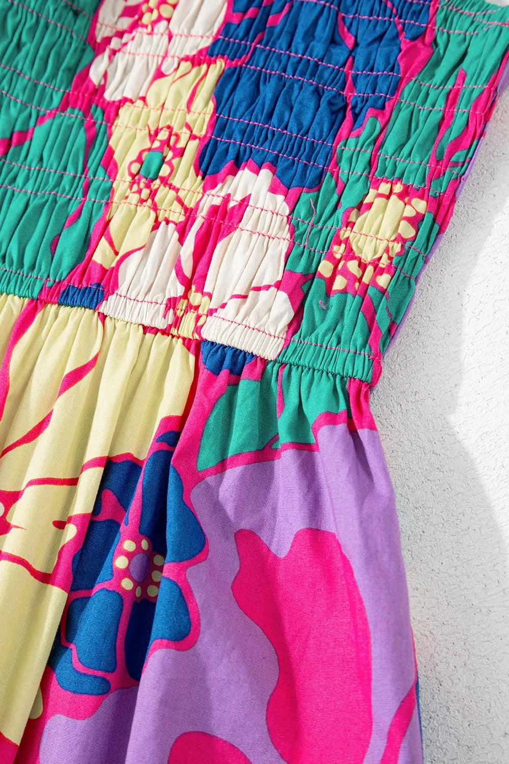 Floral Print Shirred Spaghetti Strap Loose Maxi Dress