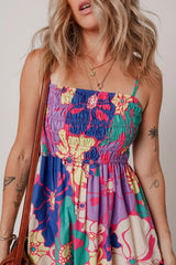 Floral Print Shirred Spaghetti Strap Loose Maxi Dress