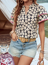 Floral Print Short Sleeve Blouse with Contrast Trim Tan / XS