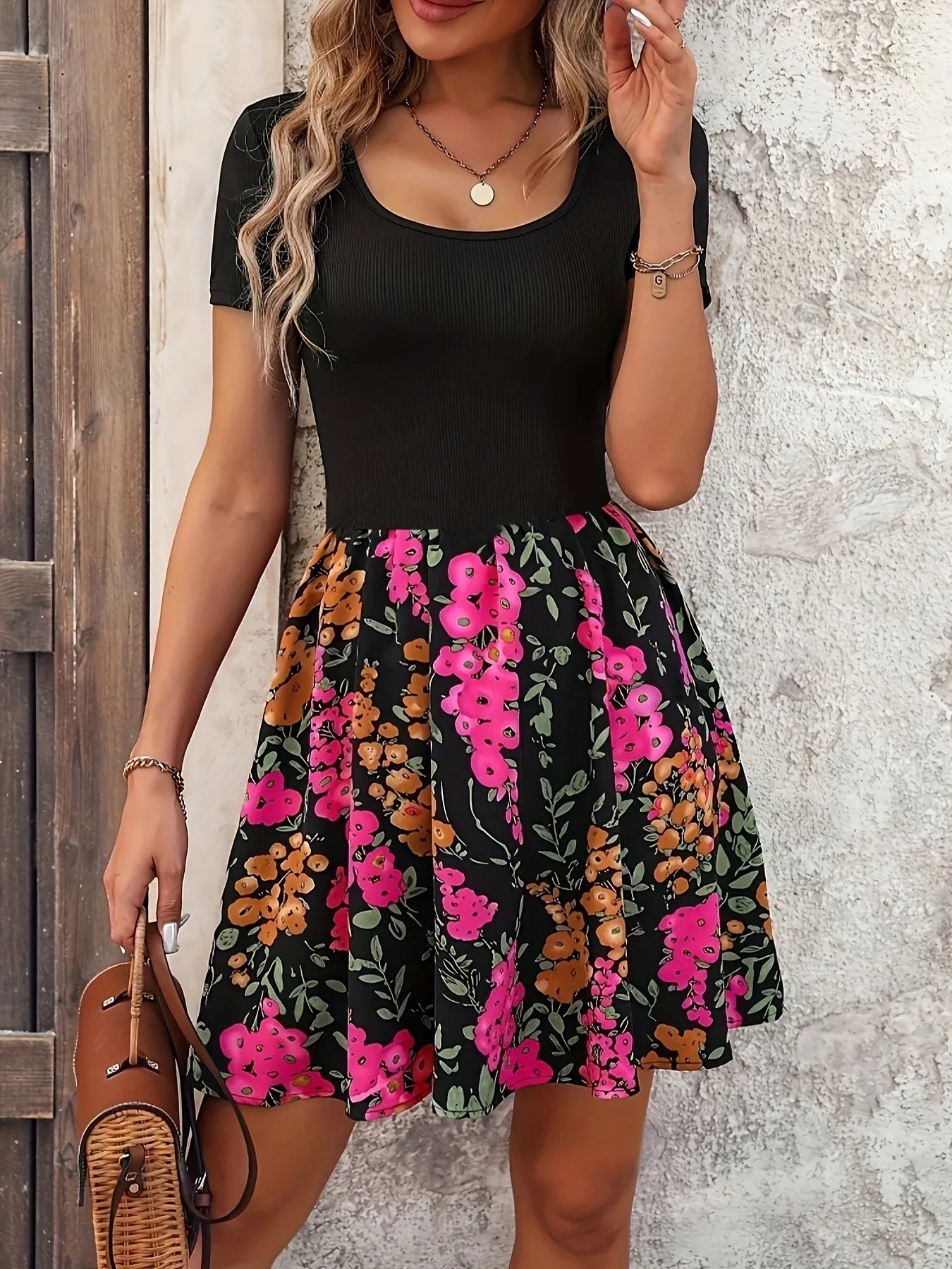 Floral Print Short Sleeve Mini Dress
