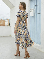 Floral Print Short Sleeve Wrap Midi Dress