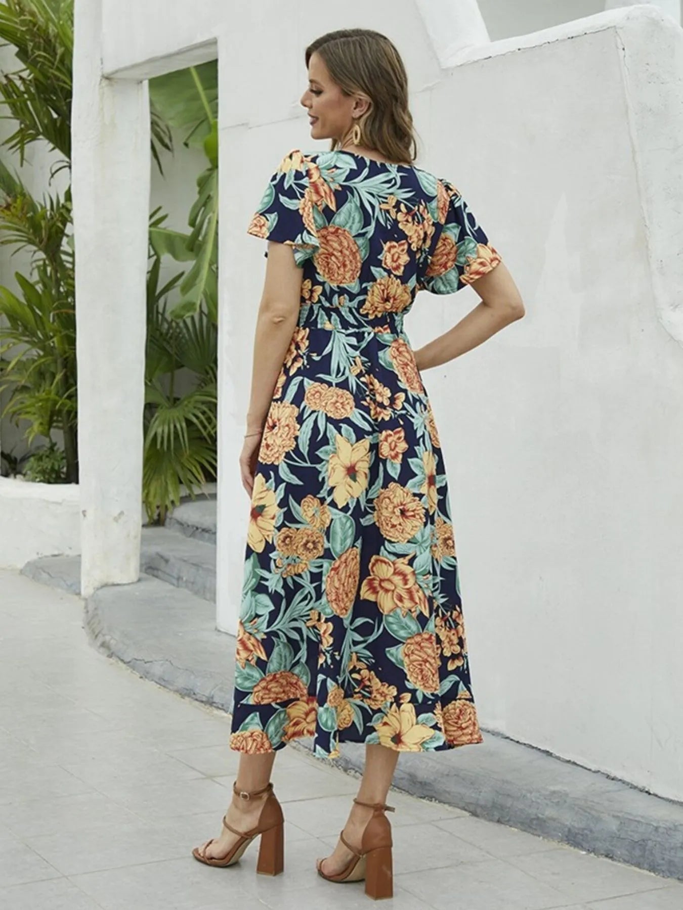 Floral Print Short Sleeve Wrap Midi Dress