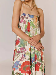 Floral Print Sleeveless Maxi Dress Green- / S