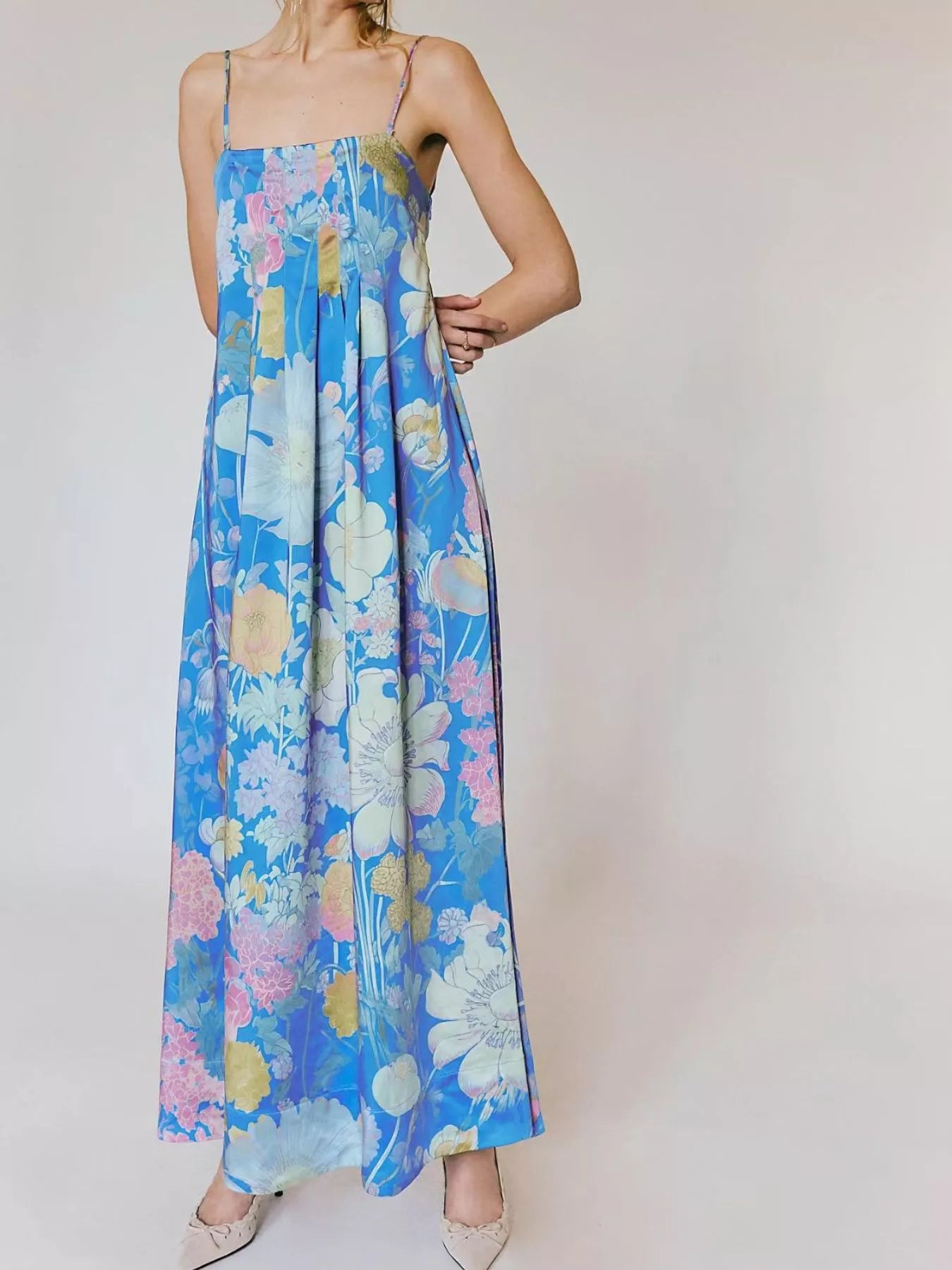 Floral Print Sleeveless Maxi Dress Sky Blue / S