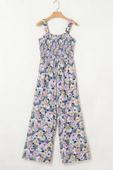 Floral Print Smocked High Waist Square Neck Jumpsuit
