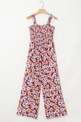 Floral Print Smocked High Waist Square Neck Jumpsuit