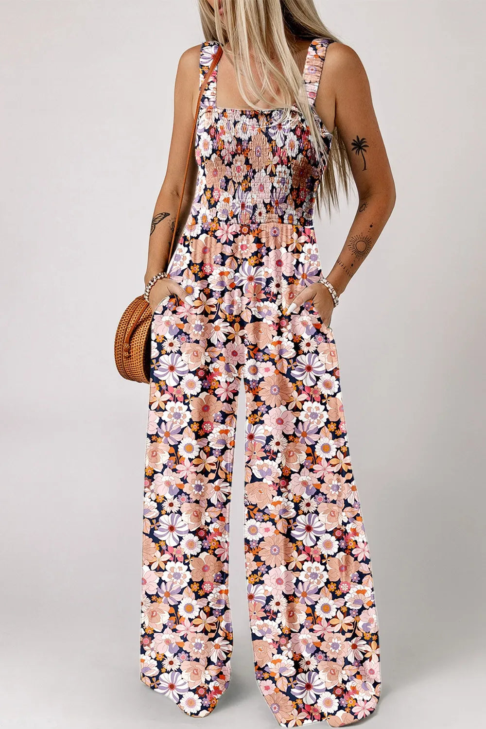 Floral Print Smocked High Waist Square Neck Jumpsuit Dusty Pink / S