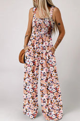 Floral Print Smocked High Waist Square Neck Jumpsuit Dusty Pink / S