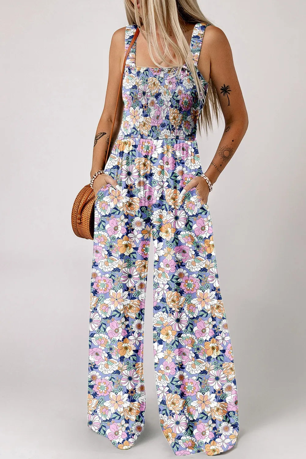 Floral Print Smocked High Waist Square Neck Jumpsuit Lavender / S