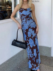 Floral Print Spaghetti Strap Maxi Dress Blue / S