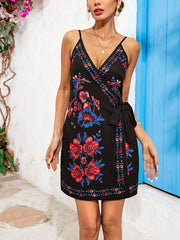 Floral Print Spaghetti Strap Wrap Mini Dress