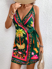 Floral Print Spaghetti Strap Wrap Mini Dress Green / S
