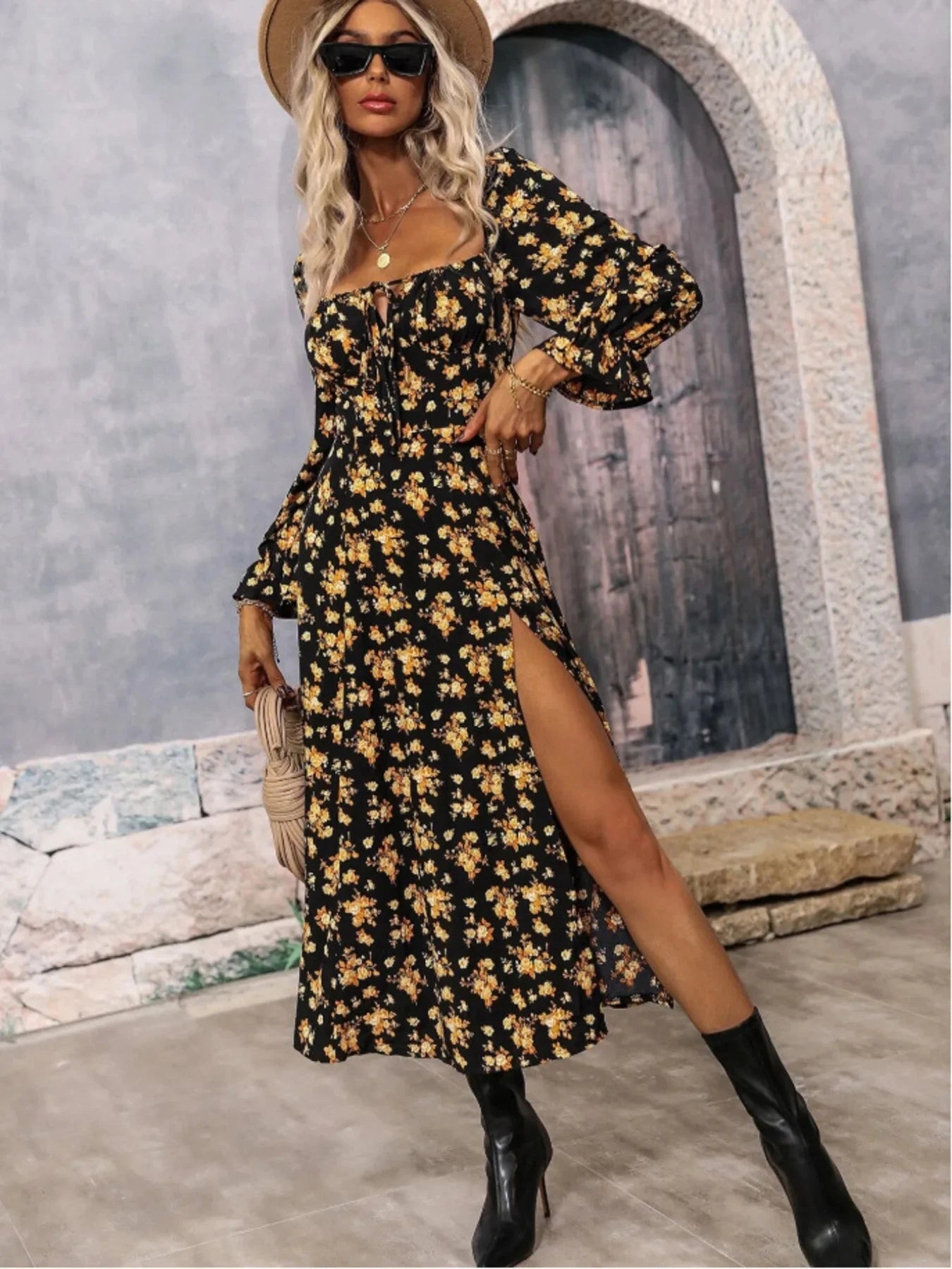 Floral Print Square Neck Flounce Sleeve Dress with Side Slit