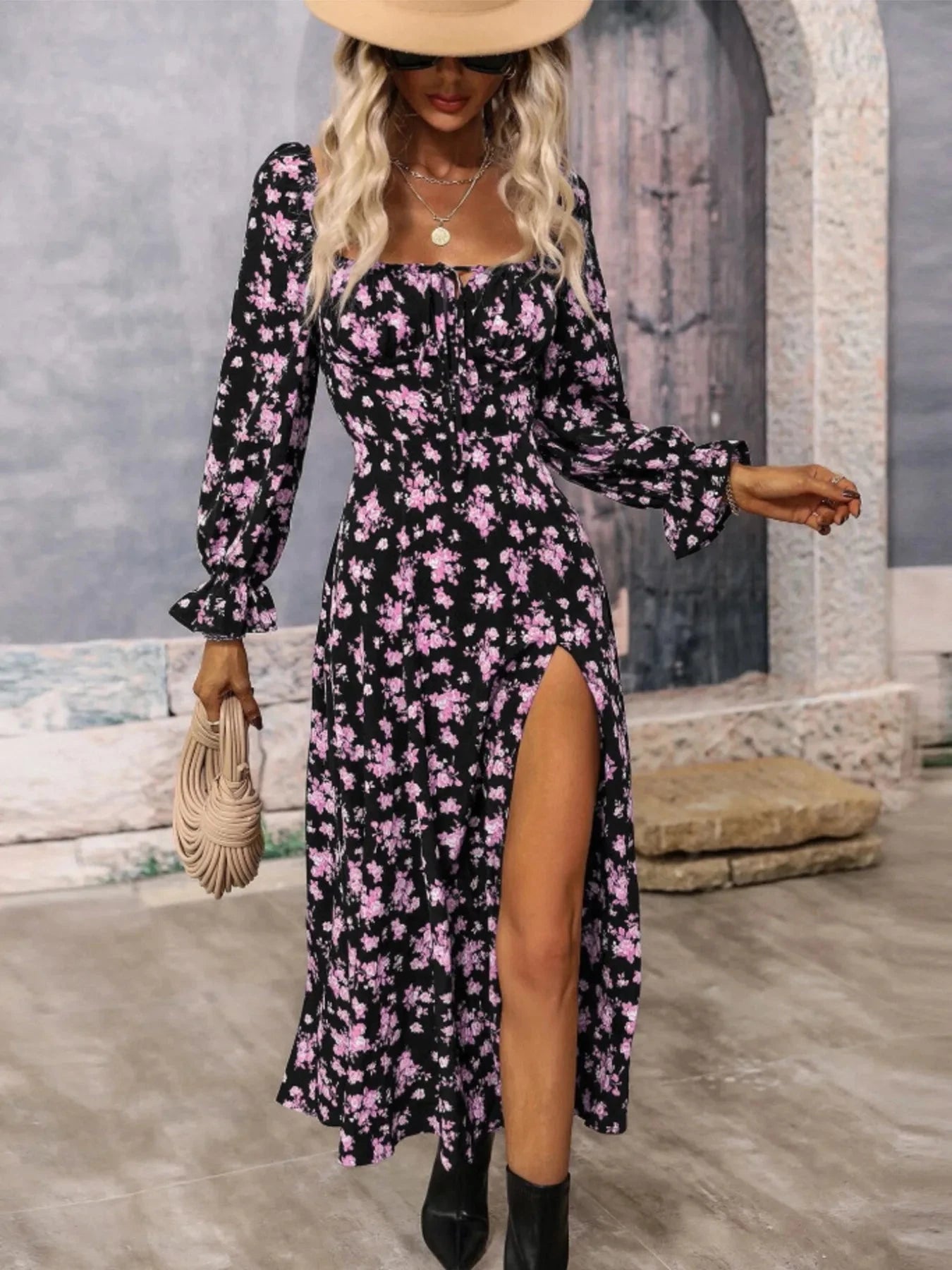 Floral Print Square Neck Flounce Sleeve Dress with Side Slit