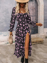 Floral Print Square Neck Flounce Sleeve Dress with Side Slit