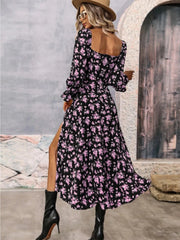 Floral Print Square Neck Flounce Sleeve Dress with Side Slit
