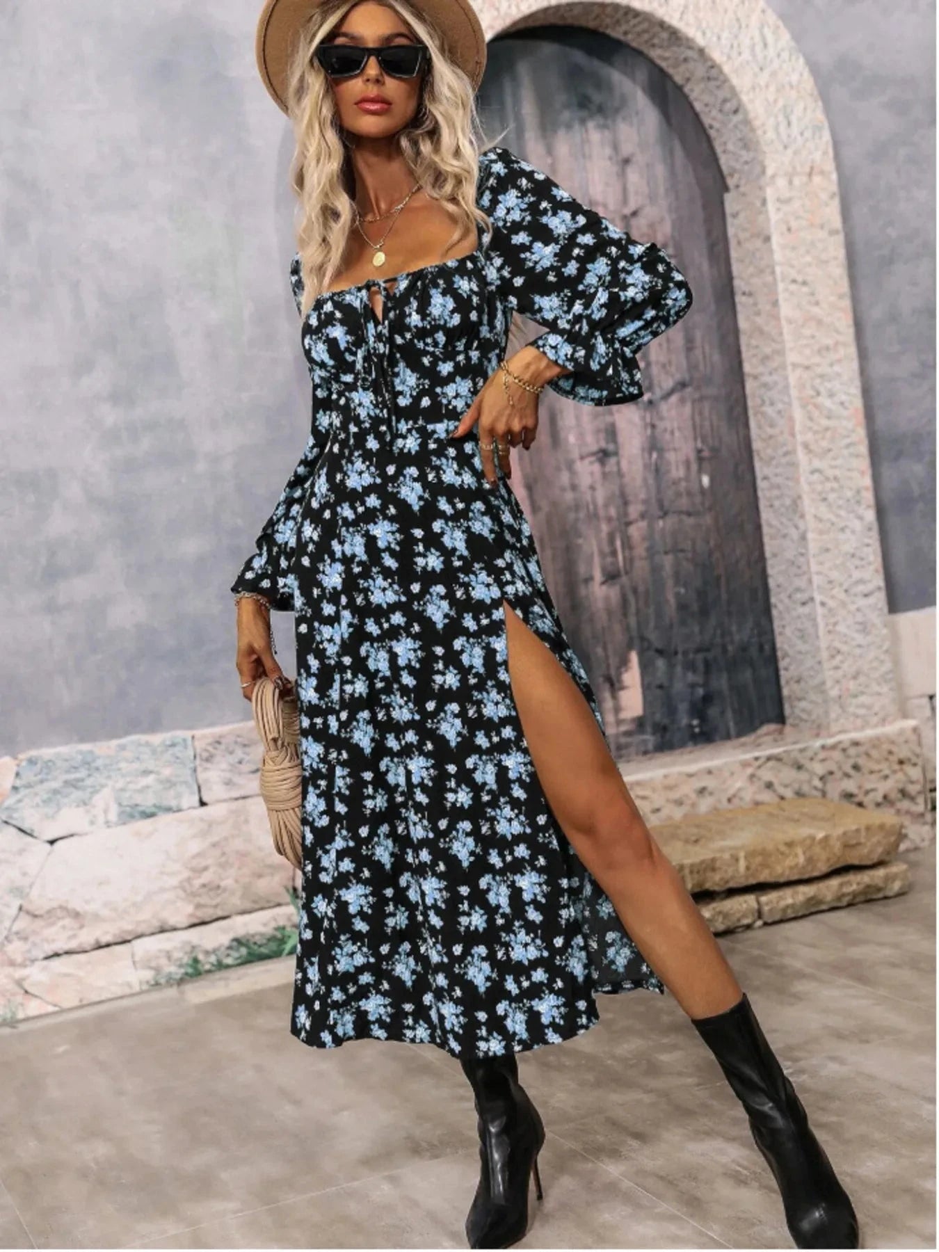Floral Print Square Neck Flounce Sleeve Dress with Side Slit