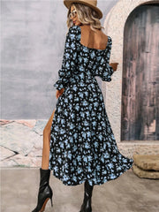 Floral Print Square Neck Flounce Sleeve Dress with Side Slit
