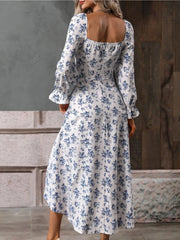 Floral Print Square Neck Flounce Sleeve Dress with Side Slit