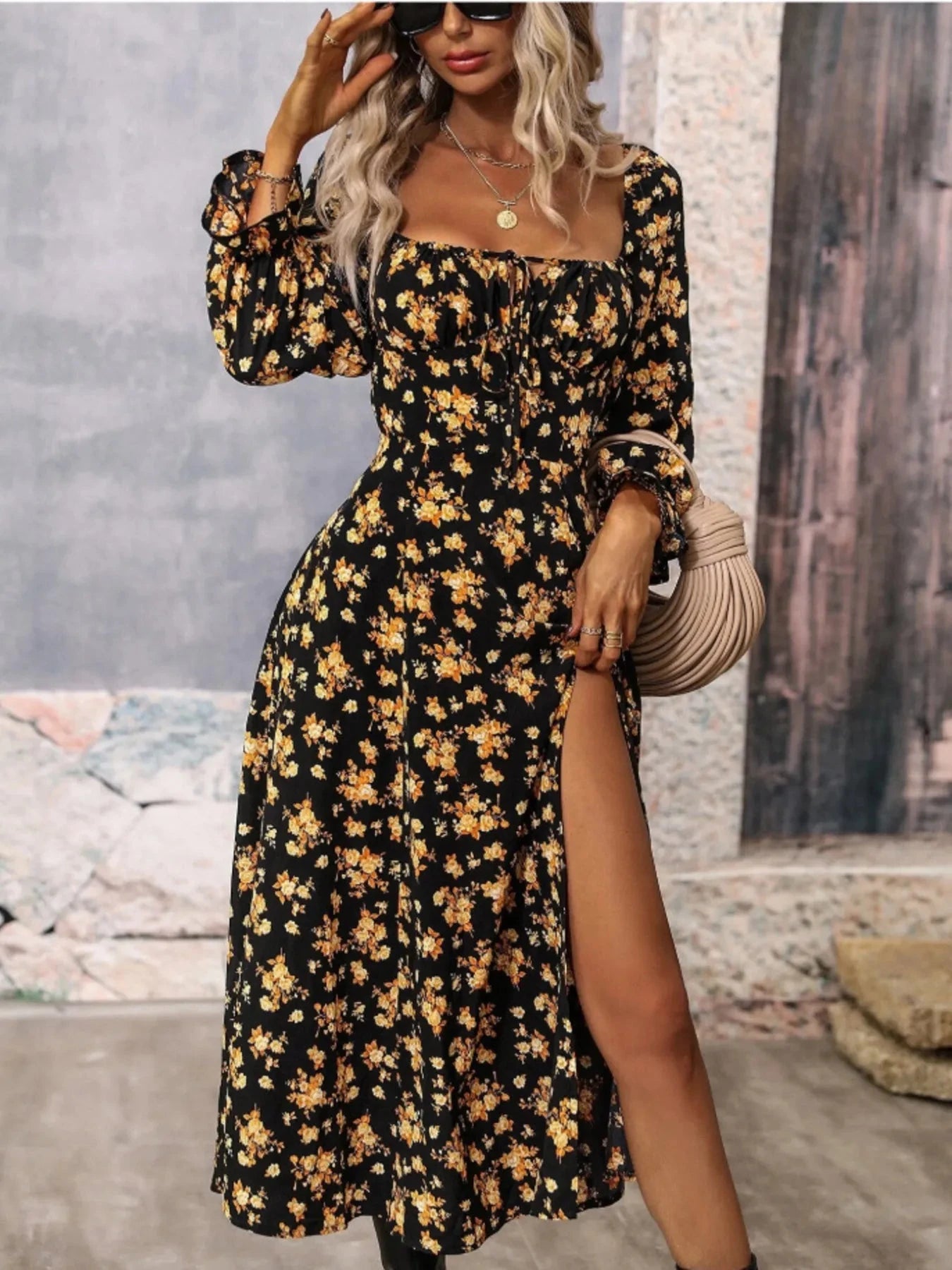 Floral Print Square Neck Flounce Sleeve Dress with Side Slit