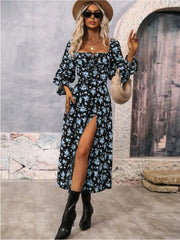 Floral Print Square Neck Flounce Sleeve Dress with Side Slit