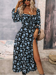 Floral Print Square Neck Flounce Sleeve Dress with Side Slit Blue / S