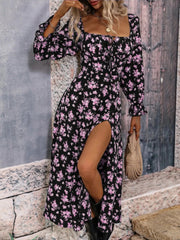 Floral Print Square Neck Flounce Sleeve Dress with Side Slit Purple / S