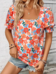Floral Print Square Neck Puff Sleeve Blouse