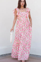 Floral Print Square Neck Ruffled Cap Sleeve Maxi Dress Blush Pink / 2XL