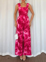 Floral Print Square Neck Wide Leg Jumpsuit