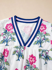 Floral Print Striped V Neck Blouse