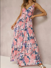 Floral Print Surplice Spaghetti Strap Maxi Dress