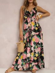 Floral Print Surplice Spaghetti Strap Maxi Dress Black / S